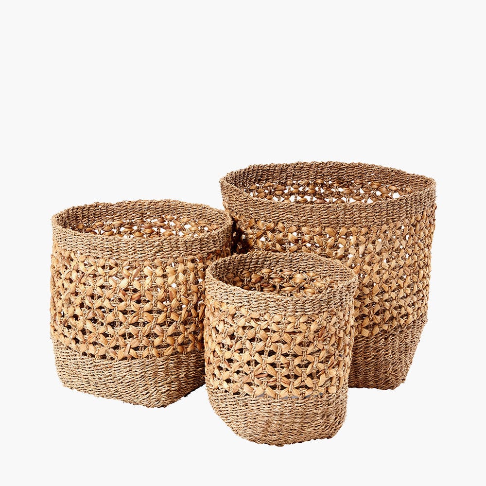 Pacific Lifestyle Accessories Woven Natural Seagrass and Water Hyacinth S/3 Tall Round Baskets House of Isabella UK