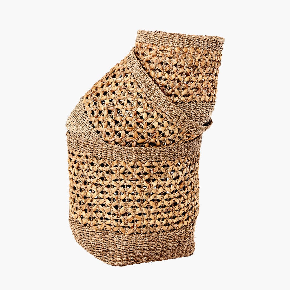 Woven Natural Seagrass and Water Hyacinth S/3 Tall Round Baskets.