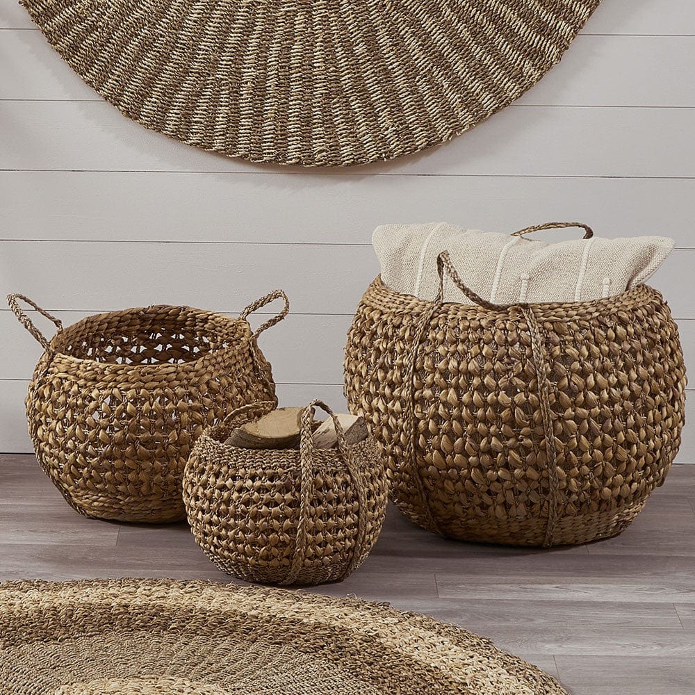Woven Water Hyacinth S/3 Handled Round Baskets.