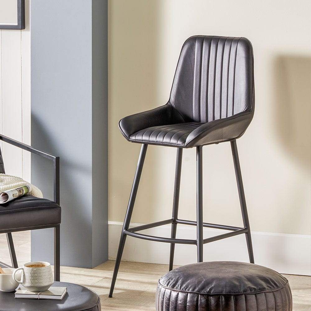 Angelo Steel Grey Leather and Iron Retro Bar Stool.