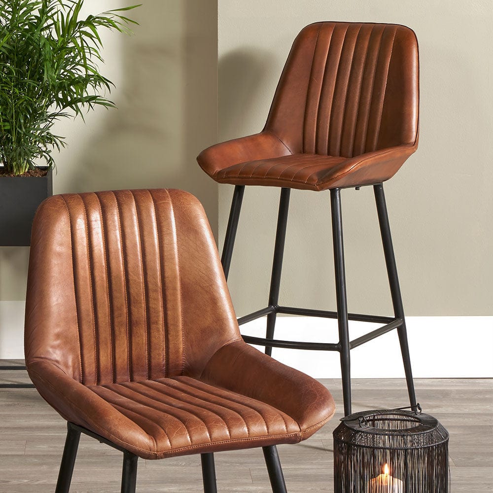 Angelo Vintage Brown Leather and Iron Retro Bar Stool.