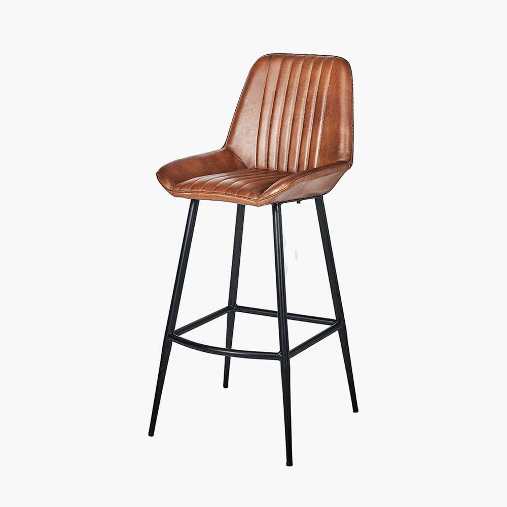 Angelo Vintage Brown Leather and Iron Retro Bar Stool.