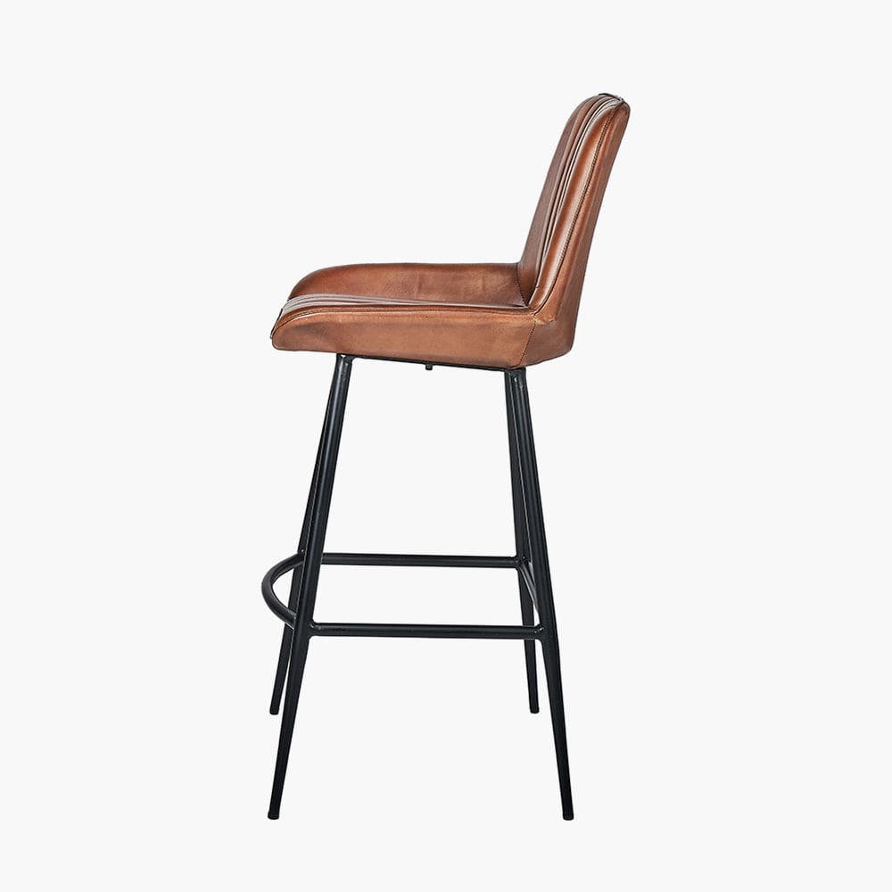 Angelo Vintage Brown Leather and Iron Retro Bar Stool.