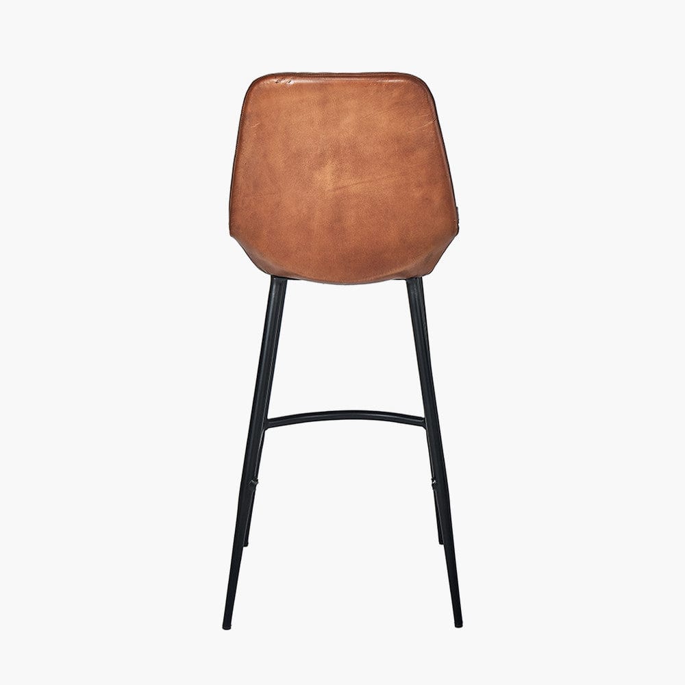 Angelo Vintage Brown Leather and Iron Retro Bar Stool.