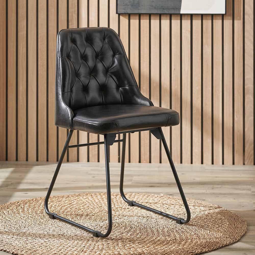 Camillo Ash Black Leather and Black Metal Diamond Back Dining Chair.