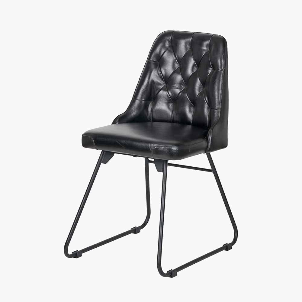 Camillo Ash Black Leather and Black Metal Diamond Back Dining Chair.