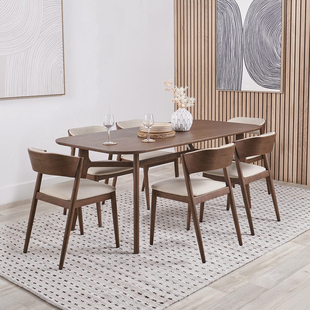 Elias Dark Ash Wood Retro Dining Table and 6 Chairs.