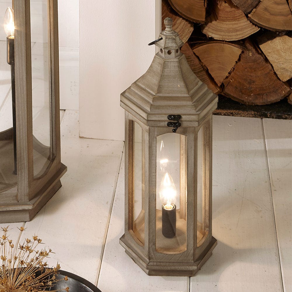 Adaline Antique Grey Wood Lantern Table Lamp.
