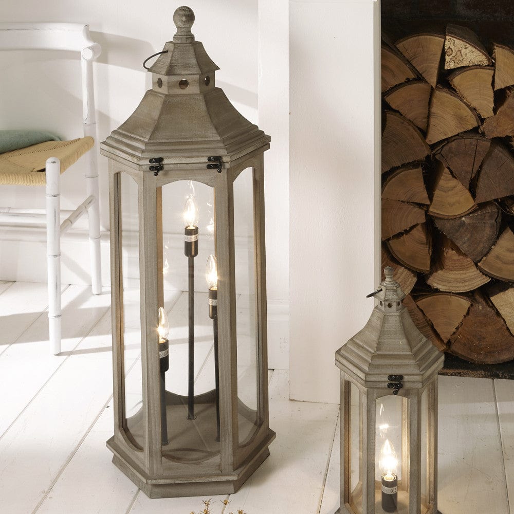 Adaline Antique Wood Grey Floor Lamp Lantern.
