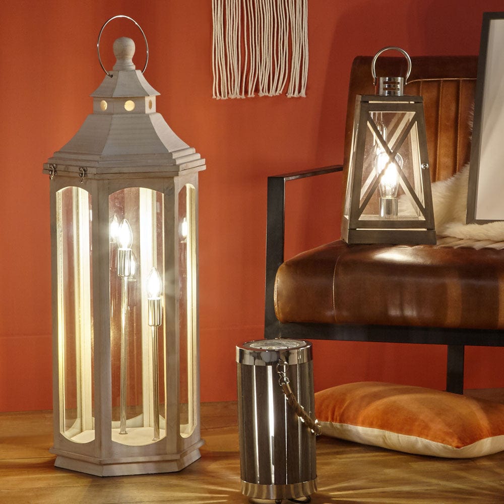 Adaline White Wash Wood Lantern Floor Lamp.