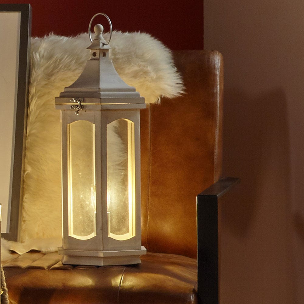Adaline White Wash Wood Lantern Table Lamp.