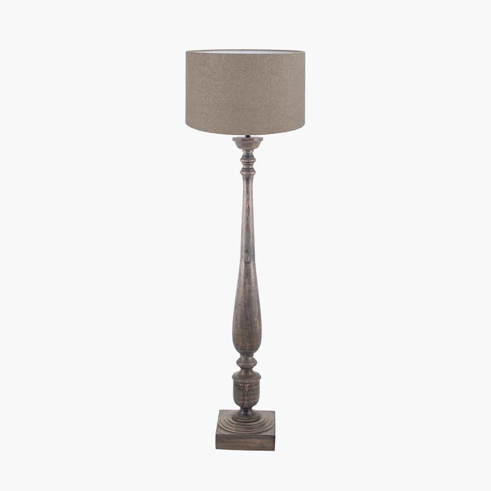 Alia Grey Wash Turned Mango Wood Floor Lamp Base with Edward 45cm Natural Linen Cylinder Lampshade.