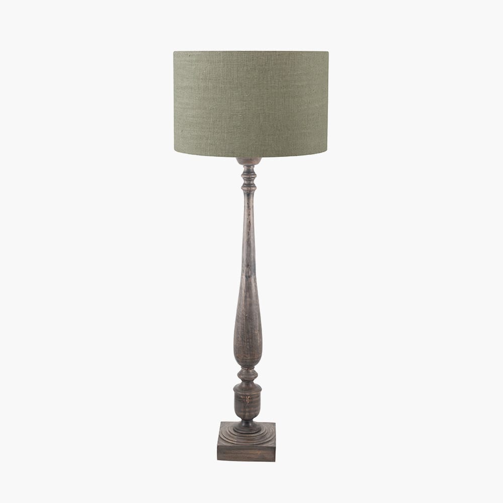 Pacific Lifestyle Lighting Alia Grey Wash Turned Mango Wood Floor Lamp Base with Edward 45cm Pistachio Green Linen Cylinder Lampshade House of Isabella UK