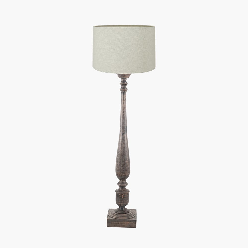 Alia Grey Wash Turned Mango Wood Floor Lamp Base with Lino 45cm Cream Self Lined Linen Cylinder Lampshade.