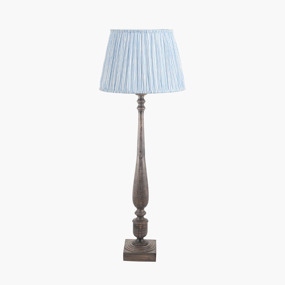 Pacific Lifestyle Lighting Alia Grey Wash Turned Mango Wood Floor Lamp Base with Thiago 45cm Ocean Blue Stripe Mushroom Pleat Tapered Lampshade House of Isabella UK
