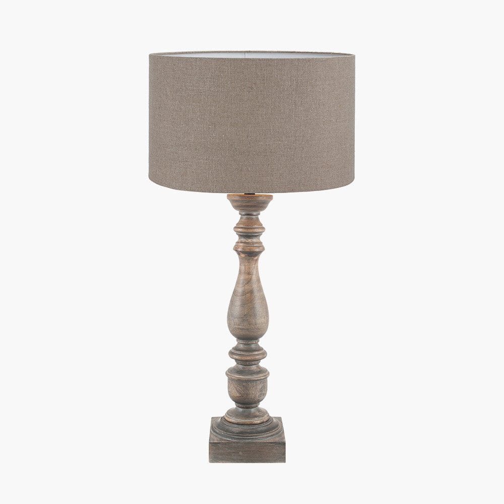 Alia Grey Wash Turned Mango Wood Table Lamp Base with Edward 40cm Natural Linen Cylinder Lampshade.