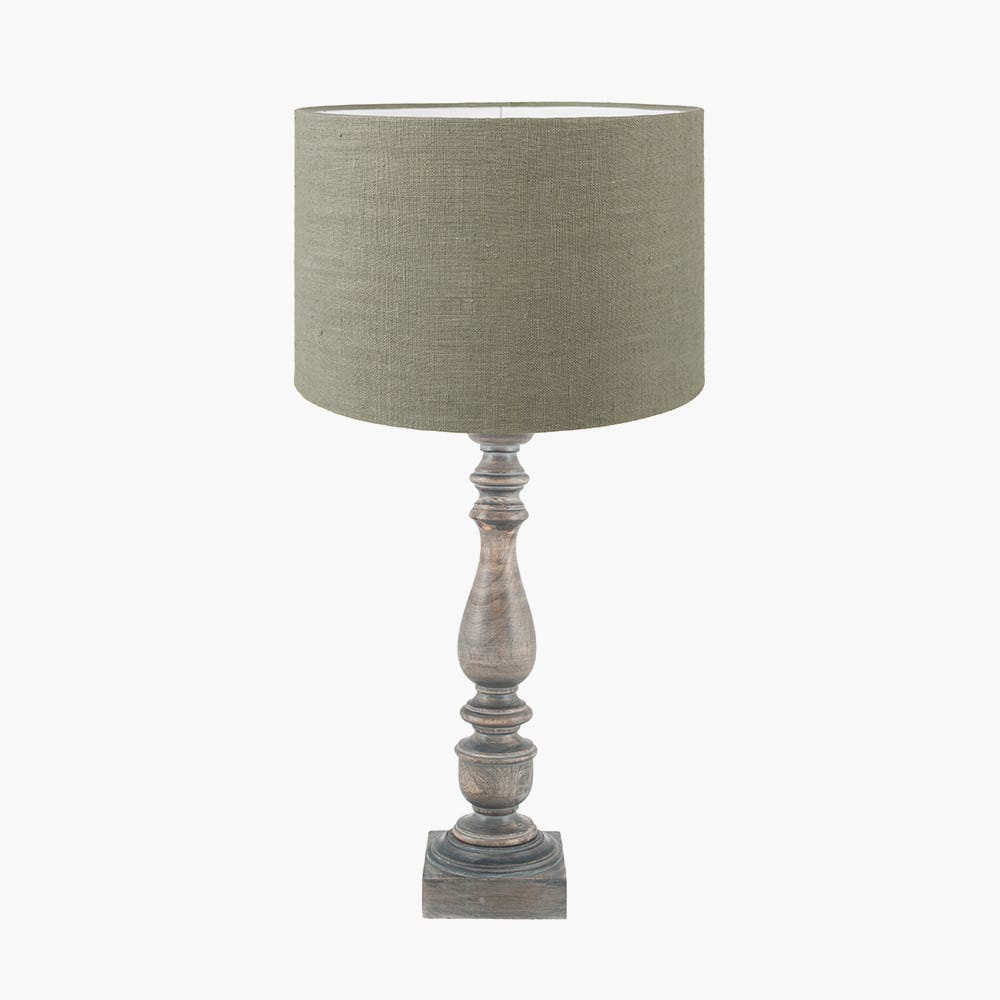 Pacific Lifestyle Lighting Alia Grey Wash Turned Mango Wood Table Lamp Base with Edward 40cm Pistachio Green Linen Cylinder Lampshade House of Isabella UK
