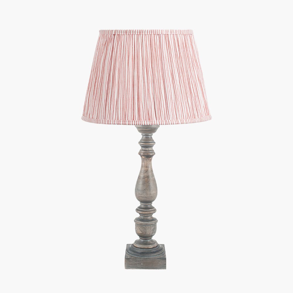 Pacific Lifestyle Lighting Alia Grey Wash Turned Mango Wood Table Lamp Base with Thiago 45cm Cinnamon Stripe Mushroom Pleat Tapered Lampshade House of Isabella UK