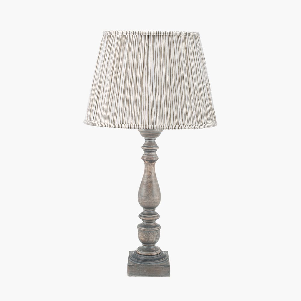 Pacific Lifestyle Lighting Alia Grey Wash Turned Mango Wood Table Lamp Base with Thiago 45cm Natural Stripe Mushroom Pleat Tapered Lampshade House of Isabella UK