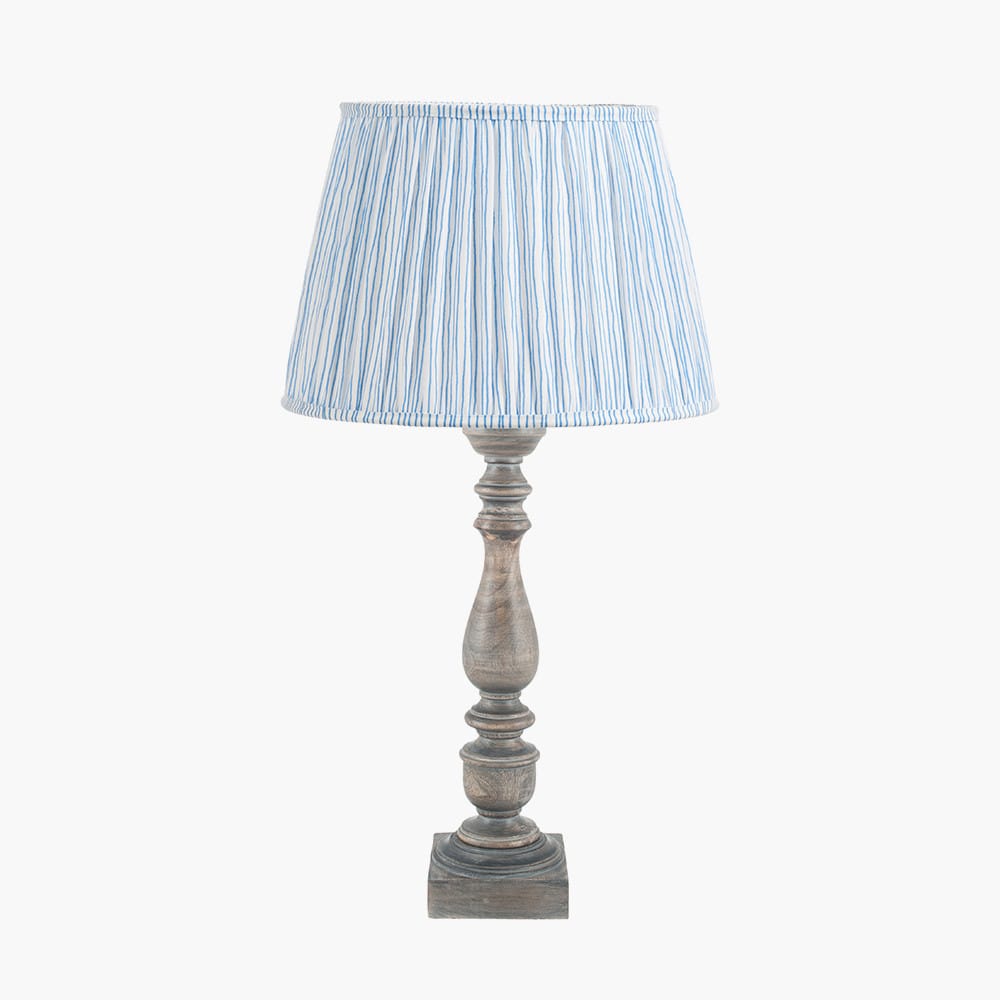 Pacific Lifestyle Lighting Alia Grey Wash Turned Mango Wood Table Lamp Base with Thiago 45cm Ocean Blue Stripe Mushroom Pleat Tapered Lampshade House of Isabella UK