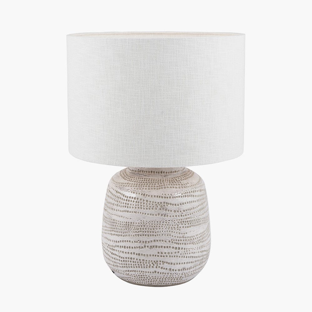 Alina White Dot Design Small Stoneware Table Lamp Base with Lino 25cm White Self Lined Linen Drum Lampshade.