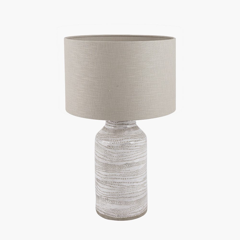 Alina White Dot Design Stoneware Table Lamp Base with Lino 30cm Grey Self Lined Linen Cylinder Lampshade.
