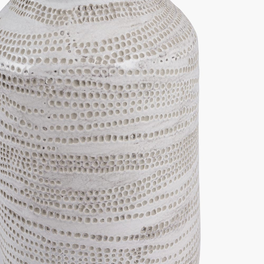Alina White Dot Design Stoneware Table Lamp Base with Lino 30cm Grey Self Lined Linen Cylinder Lampshade.