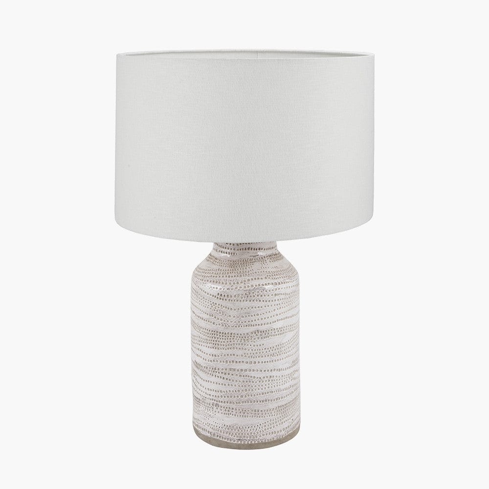 Alina White Dot Design Stoneware Table Lamp Base with Lino 30cm White Self Lined Linen Cylinder Lampshade.