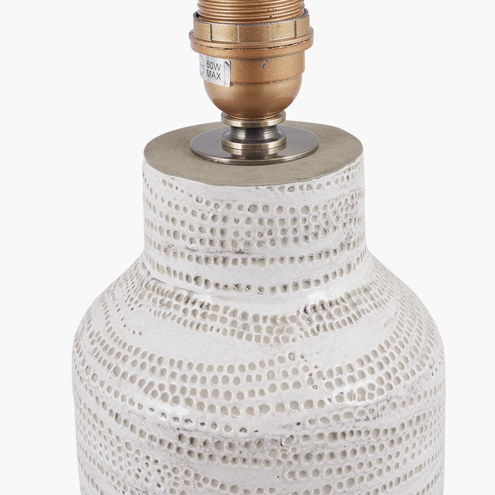 Alina White Dot Design Stoneware Table Lamp Base with Lino 30cm White Self Lined Linen Cylinder Lampshade.