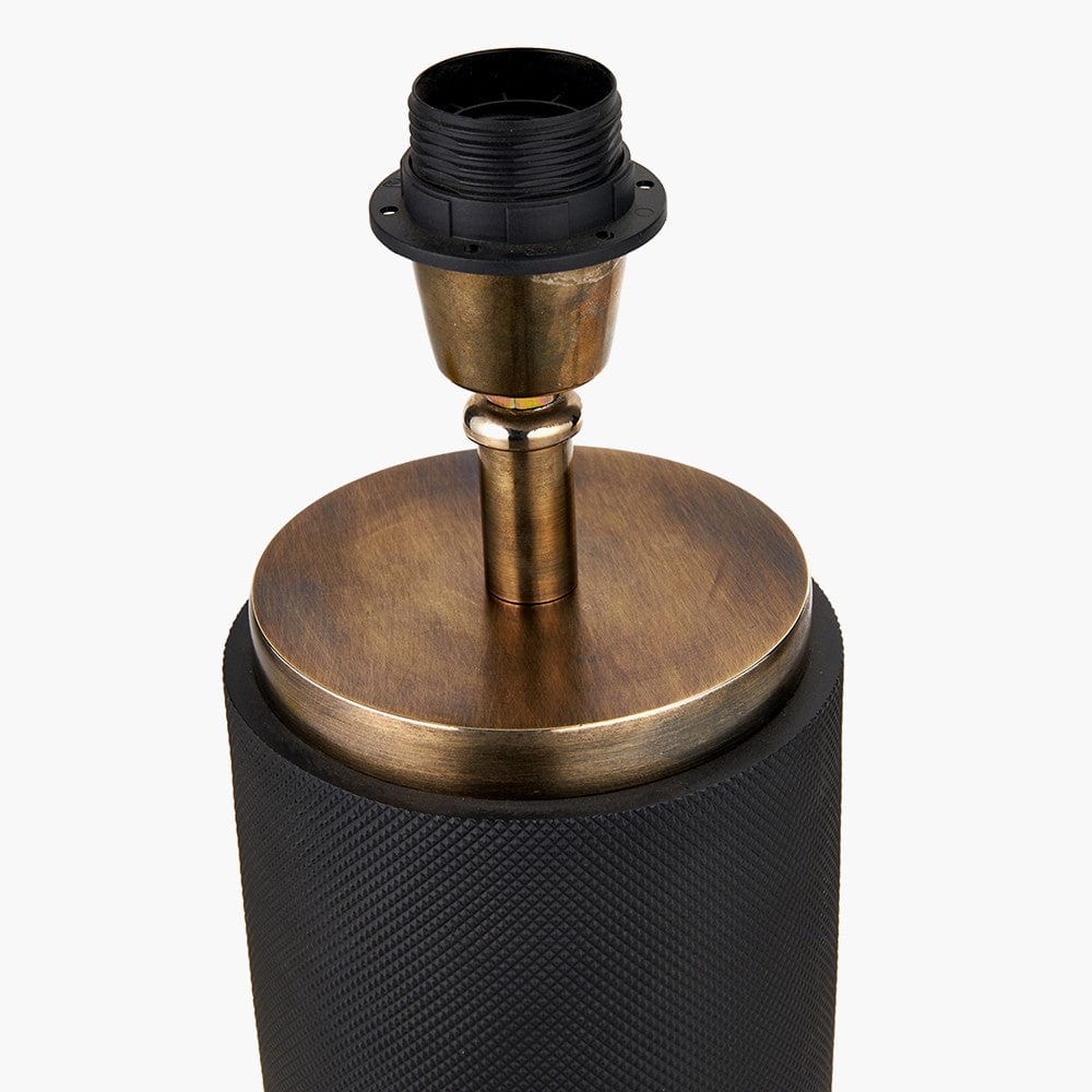 Alnico Black and Brass Metal Textured Table Lamp Base with Harry 35cm Ivory Cotton Mix Cylinder Lampshade.