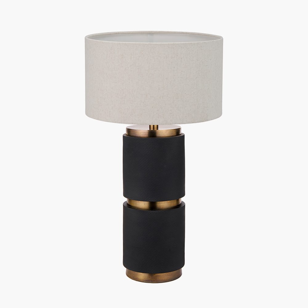 Pacific Lifestyle Lighting Alnico Black and Brass Metal Textured Table Lamp Base with Quinn 35cm Slubby Hopsack Cylinder Shade House of Isabella UK