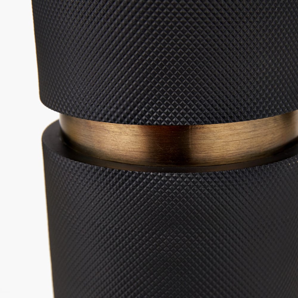 Pacific Lifestyle Lighting Alnico Black and Brass Metal Textured Table Lamp Base with Stellan 35cm Black Slubbed Silk Mix Gold Lined Cylinder Lampshade House of Isabella UK