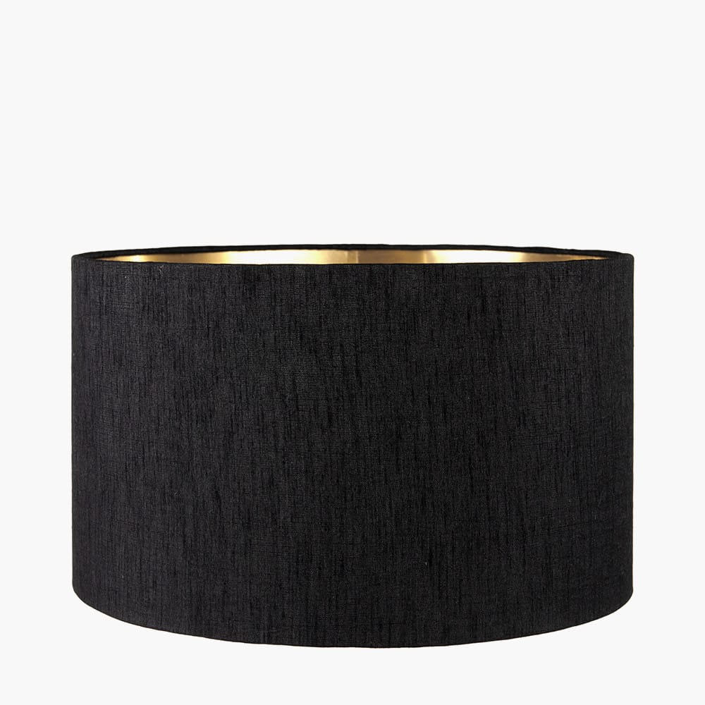 Pacific Lifestyle Lighting Alnico Black and Brass Metal Textured Table Lamp Base with Stellan 35cm Black Slubbed Silk Mix Gold Lined Cylinder Lampshade House of Isabella UK