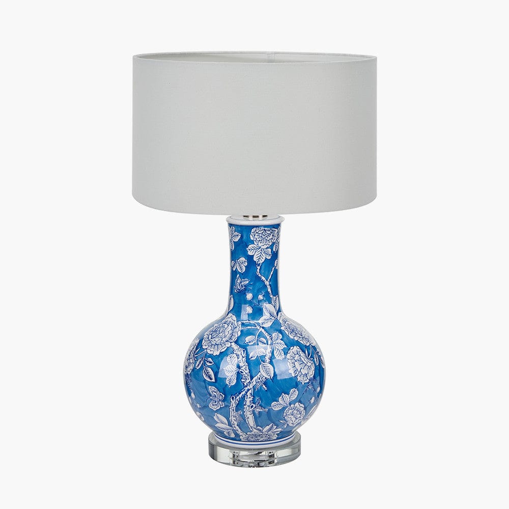 Altheda Blue and White Floral Ceramic and Crystal Base Table Lamp Base with Harry 35cm Ivory Cotton Mix Cylinder Lampshade.