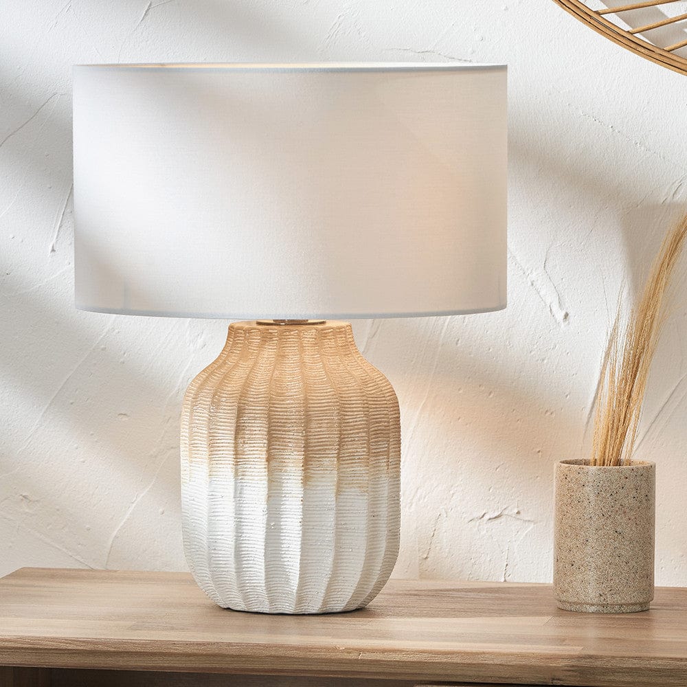 Pacific Lifestyle Lighting Amalia Natural Ombre Textured Stoneware Table Lamp Base with Harry 30cm Ivory Cotton Mix Cylinder Lampshade House of Isabella UK