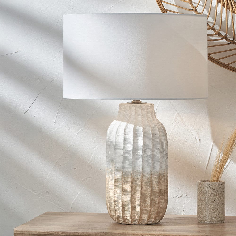 Amalia Natural Ombre Textured Stoneware Tall Table Lamp Base with Harry 35cm Ivory Cotton Mix Cylinder Lampshade.