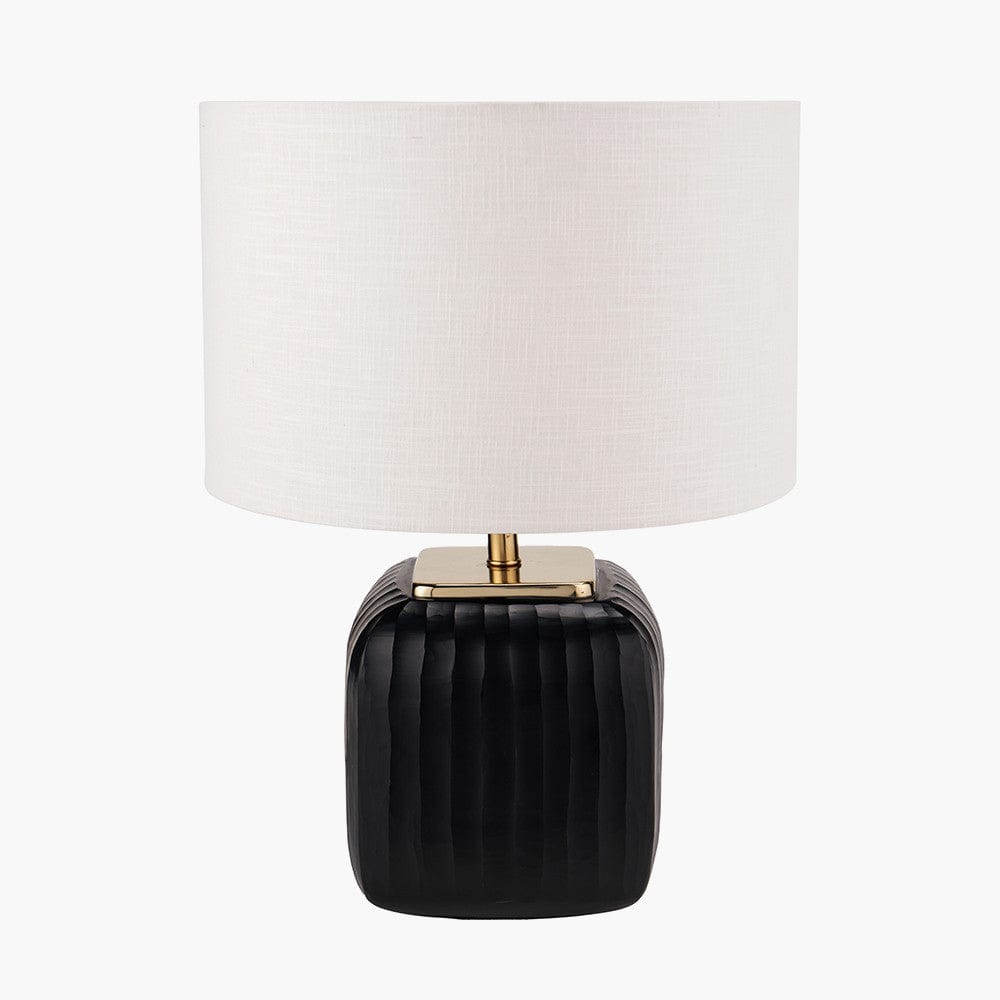 Pacific Lifestyle Lighting Anais Matt Black Cold Cut Glass Square Table Lamp Base with Lino 35cm White Self Lined Linen Cylinder Lampshade House of Isabella UK