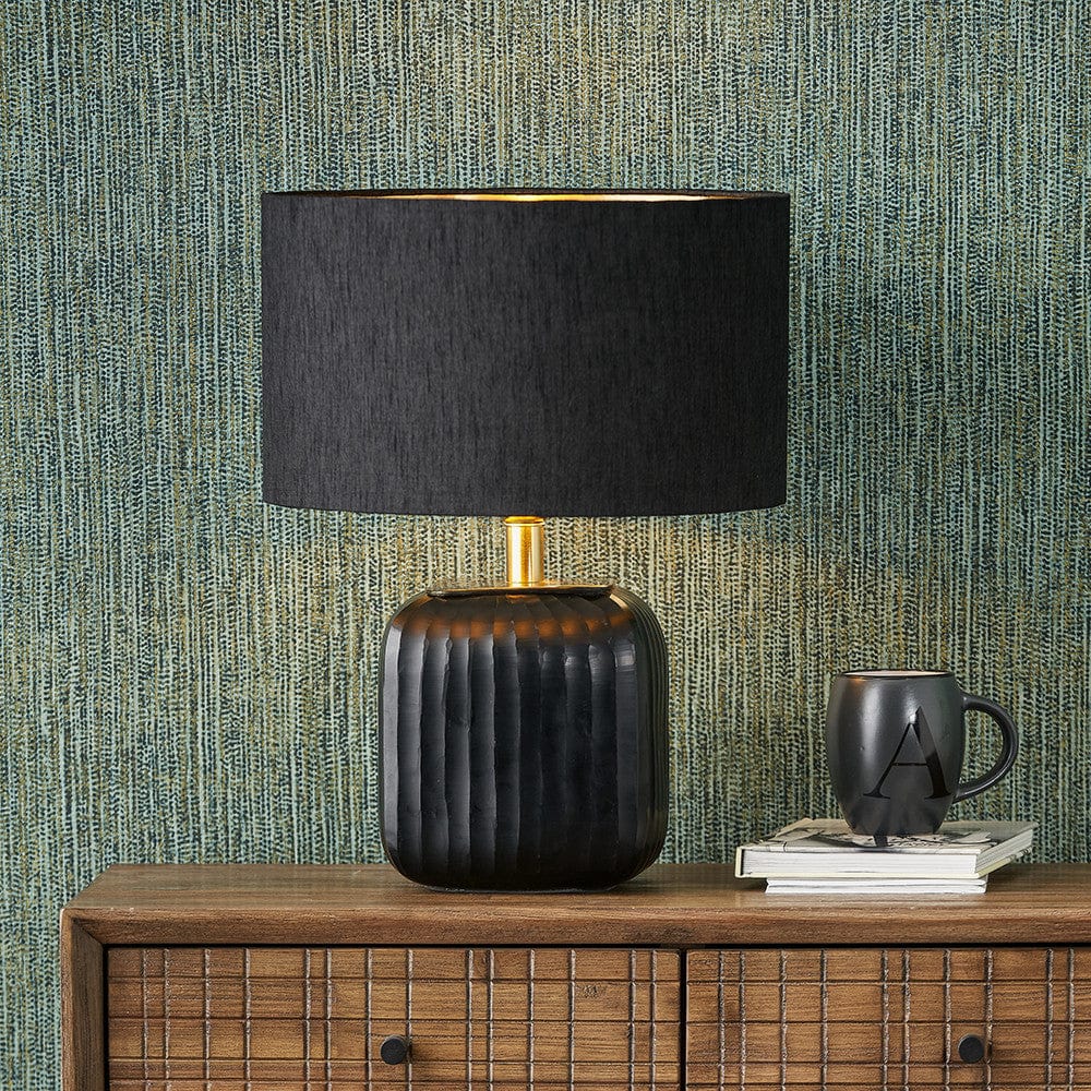 Anais Matt Black Cold Cut Glass Square Table Lamp.