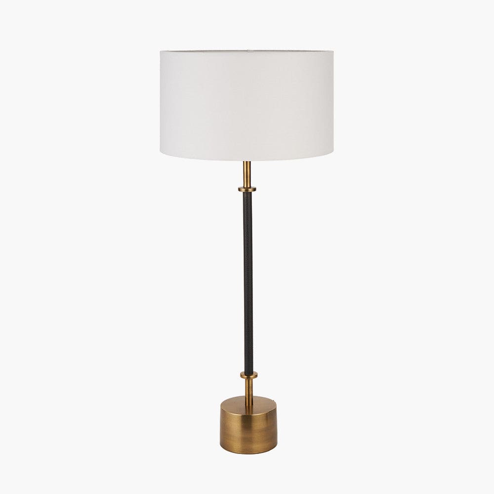 Antoine Black Croc and Antique Brass Metal Table Lamp Base with Henry 30cm White Handloom Cylinder Lampshade.