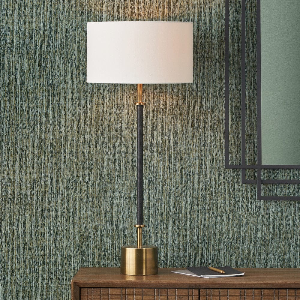 Pacific Lifestyle Lighting Antoine Black Croc and Antique Brass Tall Metal Table Lamp Base with Henry 35cm White Handloom Cylinder Lampshade House of Isabella UK