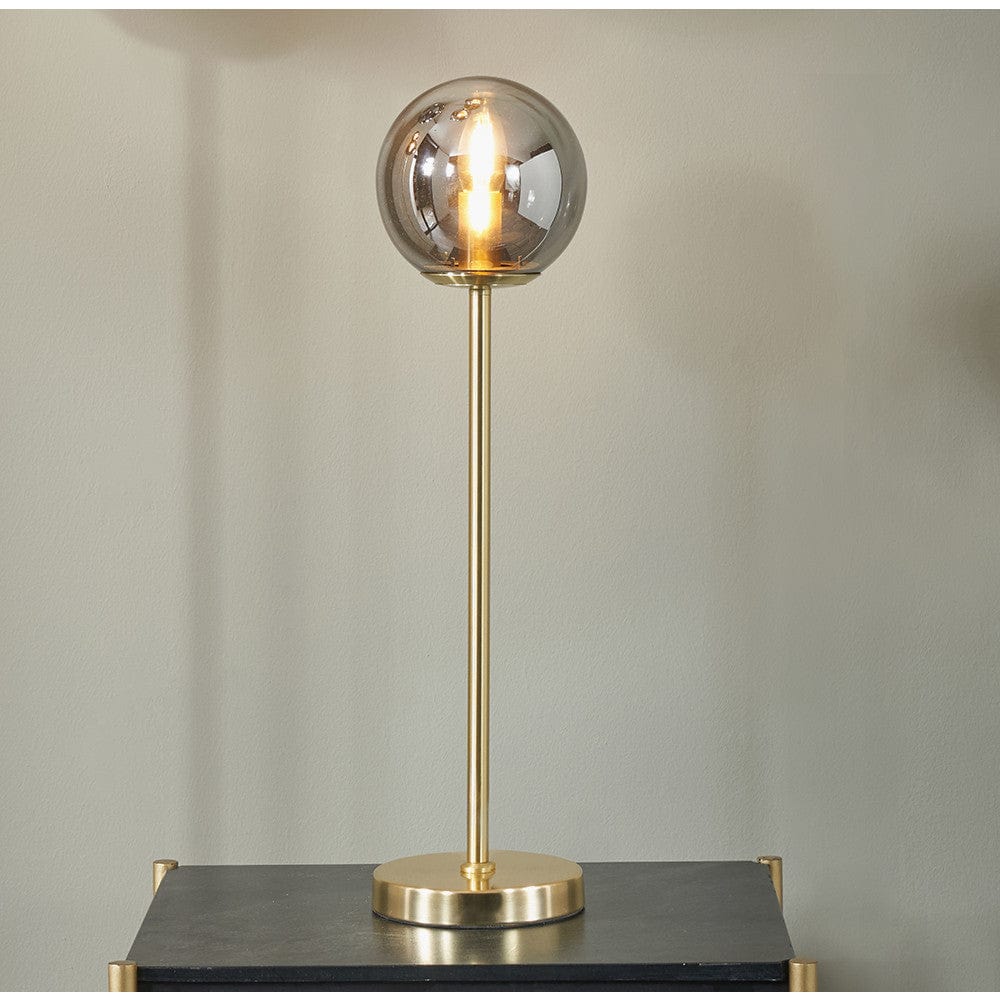 Arabella Smoked Glass Orb and Gold Metal Table Lamp.