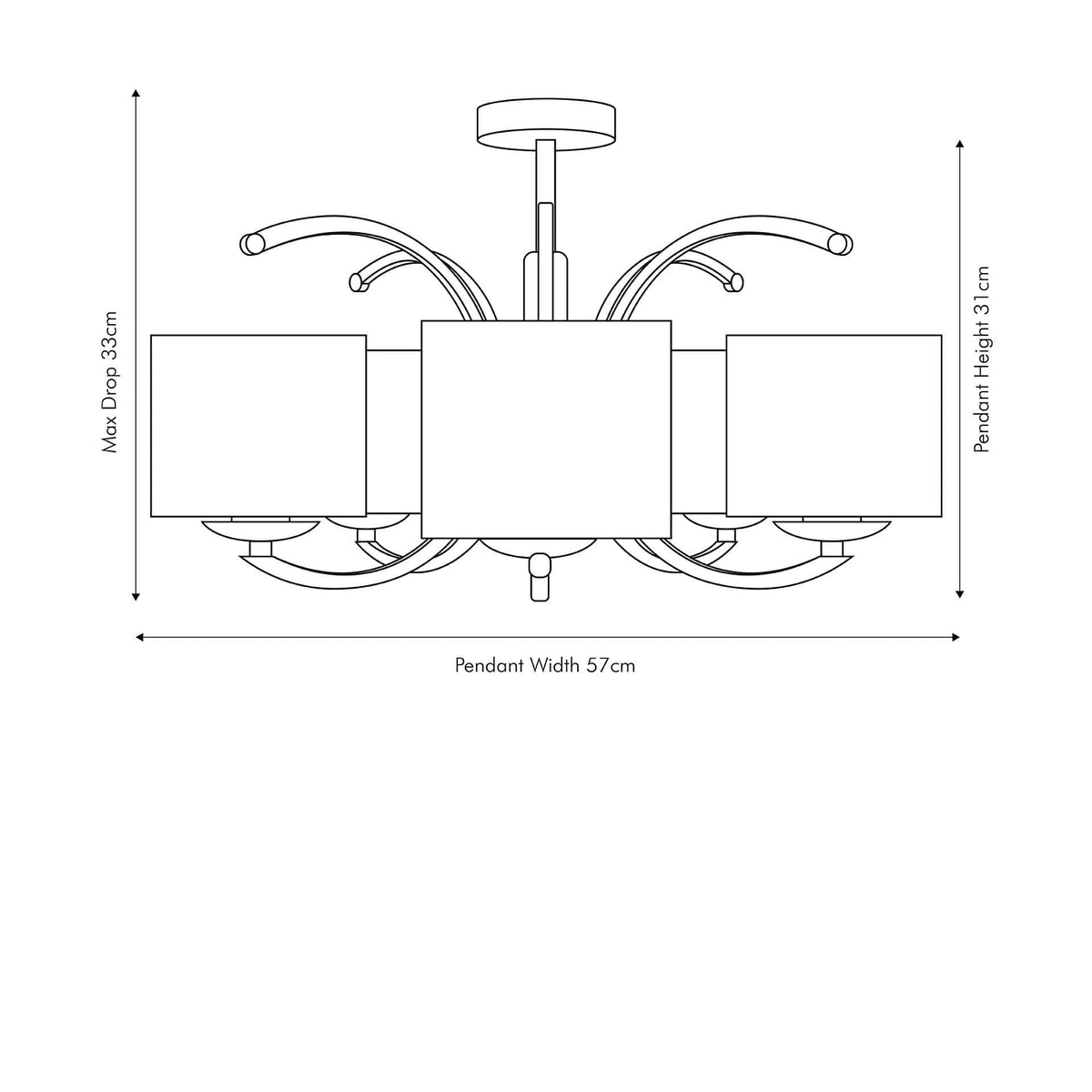 Arcadia Satin Brass Metal Curved 5 Arm Semi Flush Pendant.