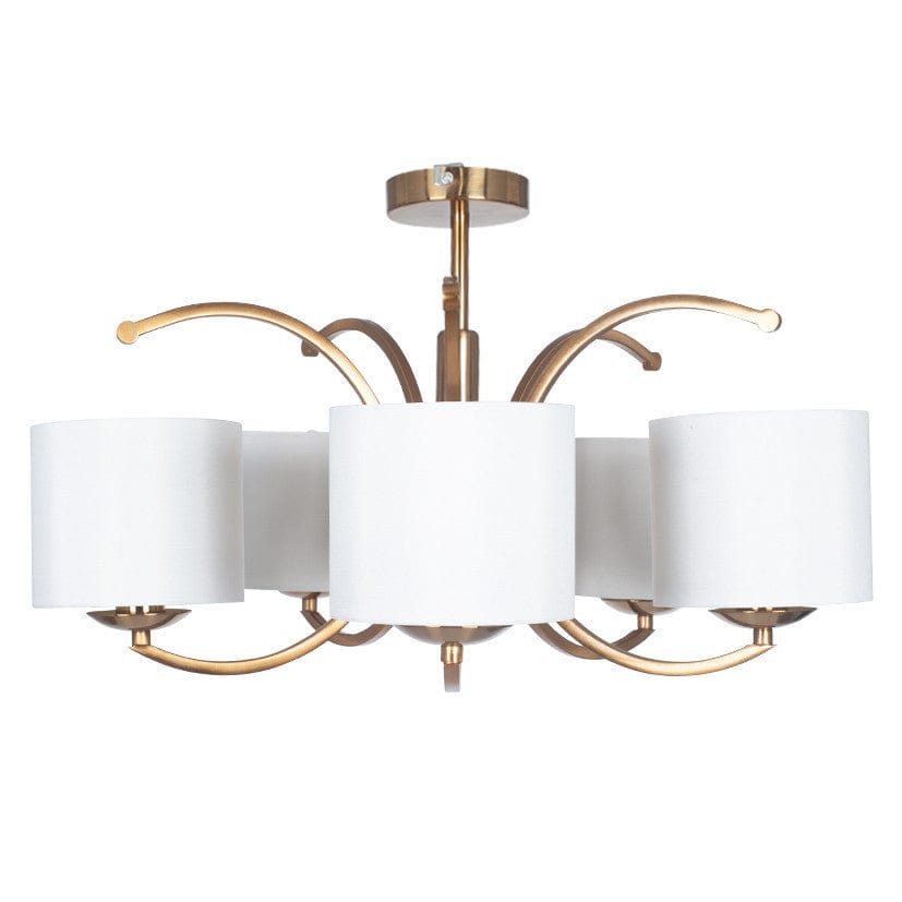 Arcadia Satin Brass Metal Curved 5 Arm Semi Flush Pendant.