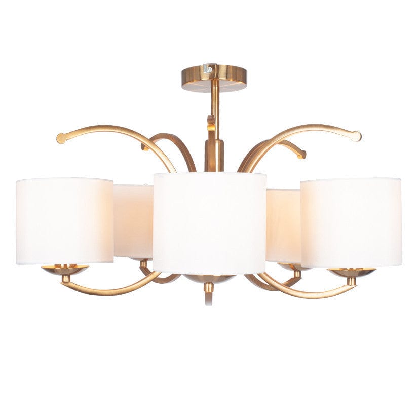 Arcadia Satin Brass Metal Curved 5 Arm Semi Flush Pendant.