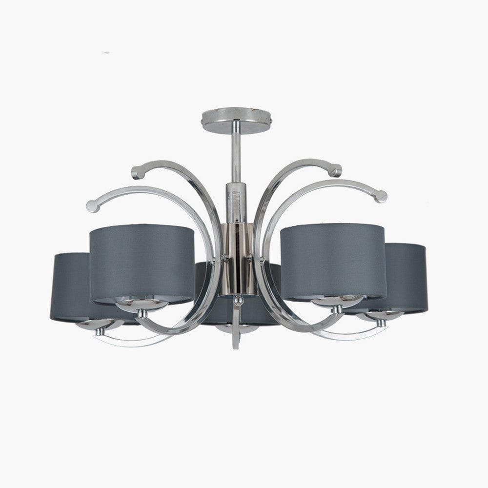 Arcadia Silver Metal Five Curved Arm Semi Flush Pendant.