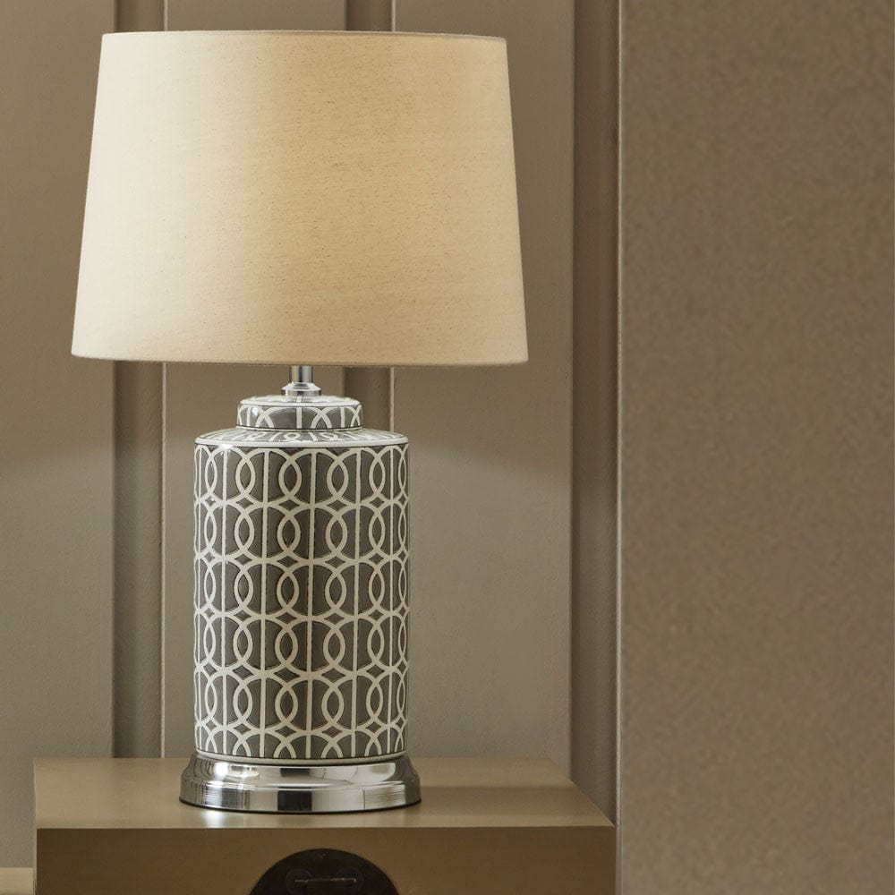 Aris Tall Grey and White Geo Pattern Table Lamp.
