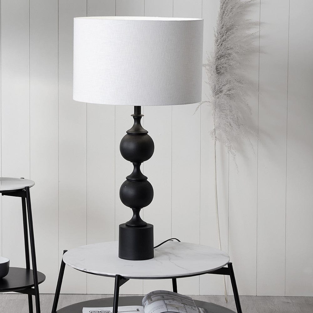 Asilah Matt Black Aluminium Tall Footed Table Lamp Base with Lino 40cm White Self Lined Linen Cylinder Lampshade.