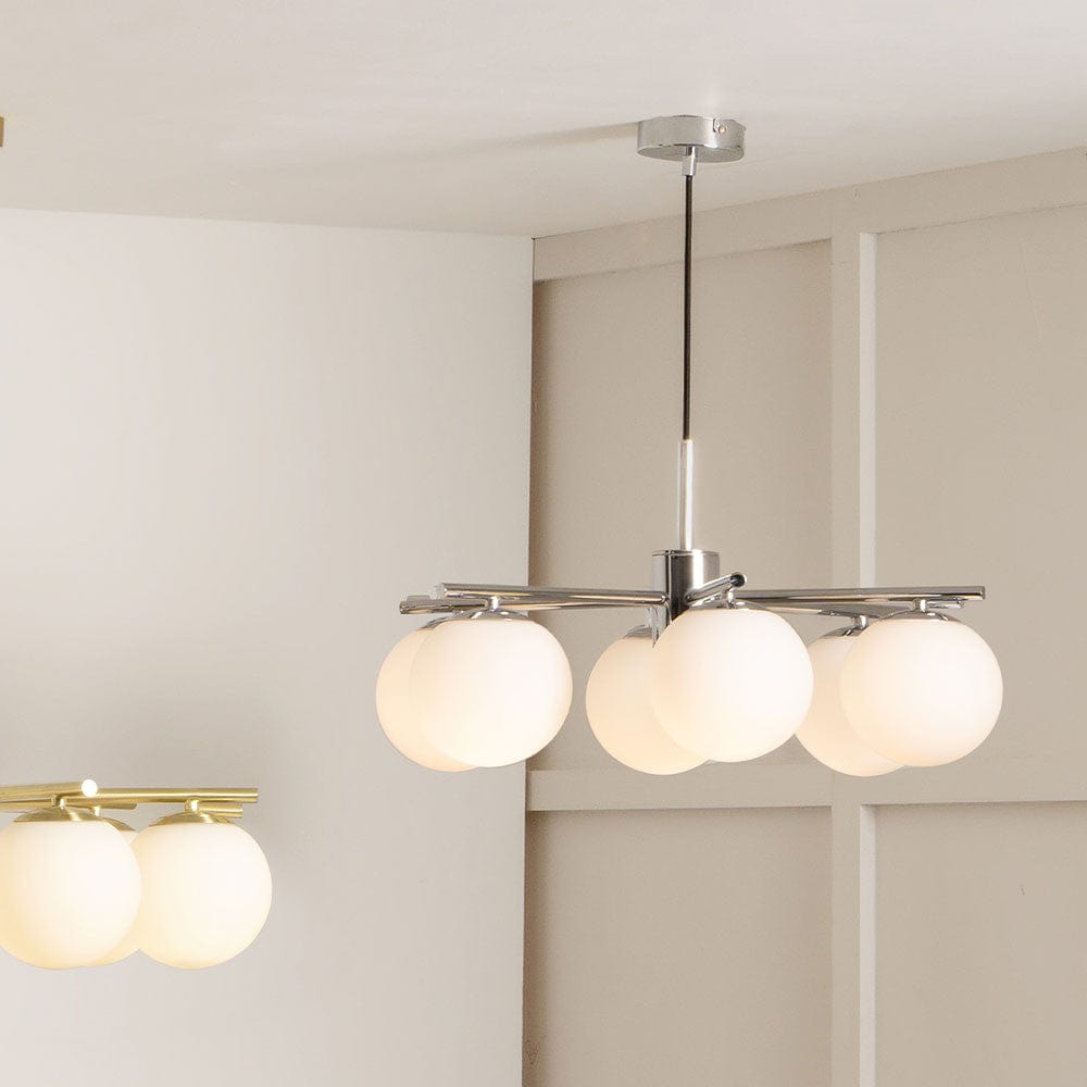 Pacific Lifestyle Lighting Asterope 6 White Orb and Shiny Chrome Metal Pendant House of Isabella UK