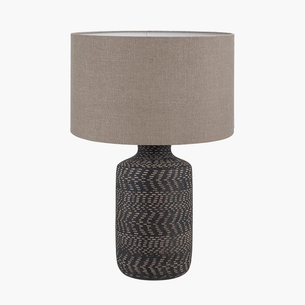 Pacific Lifestyle Lighting Atouk Textured Black Stoneware Table Lamp Base with Edward 35cm Natural Linen Cylinder Lampshade House of Isabella UK