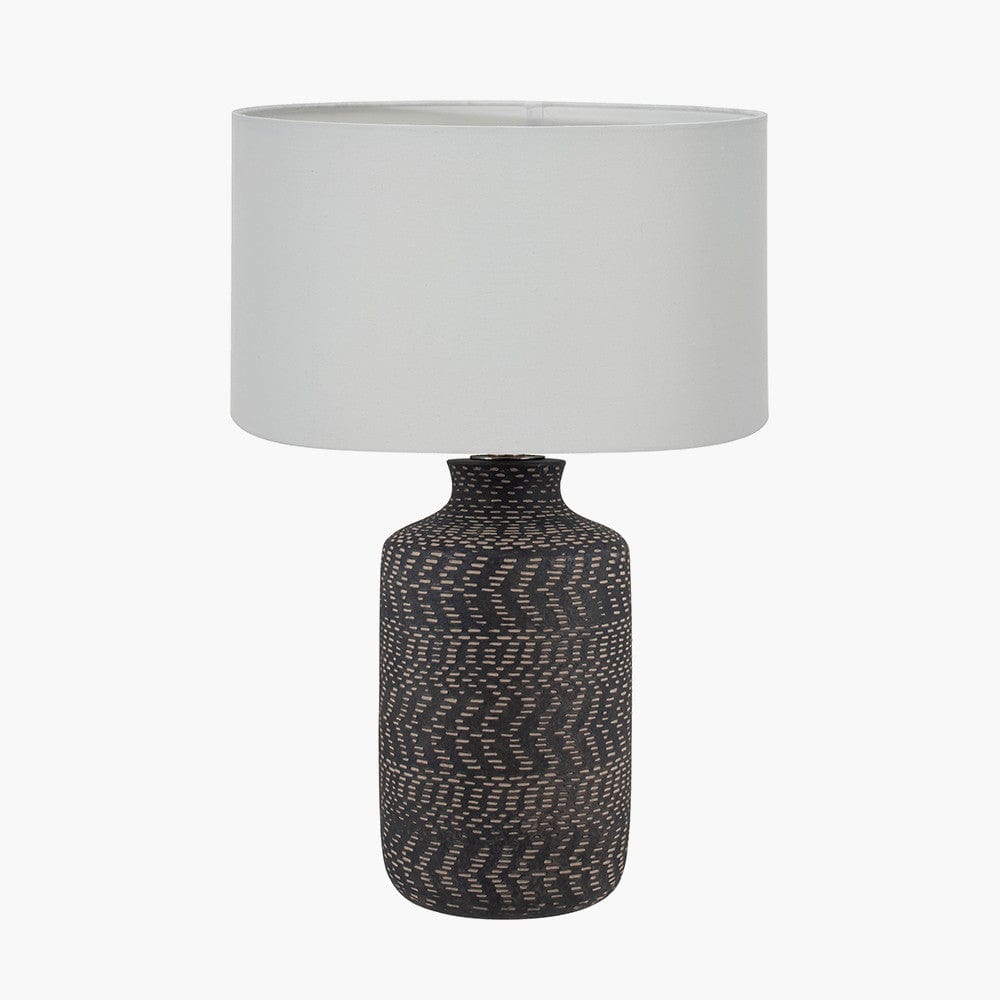 Atouk Textured Black Stoneware Table Lamp Base with Harry 35cm Ivory Cotton Mix Cylinder Lampshade.